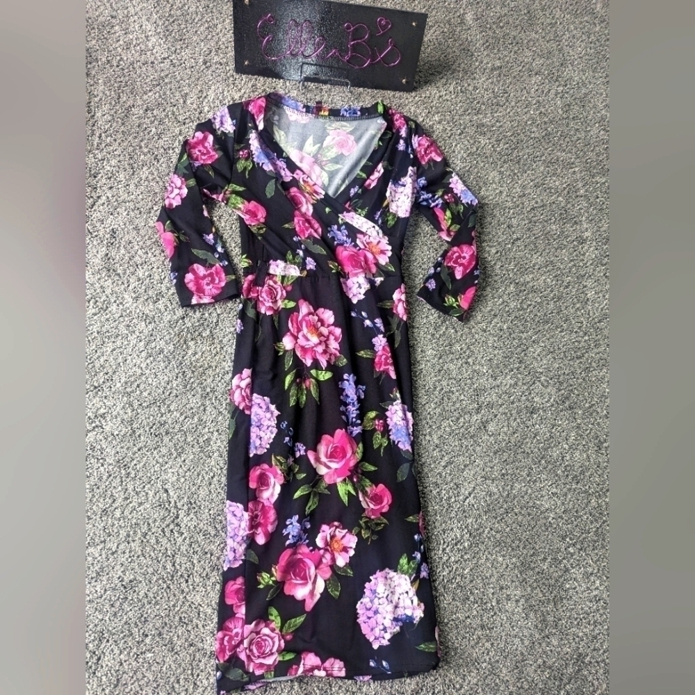 EUC B Famous 3/4 Sleeve Floral Midi Dress S ** NO BELT INCLUDED